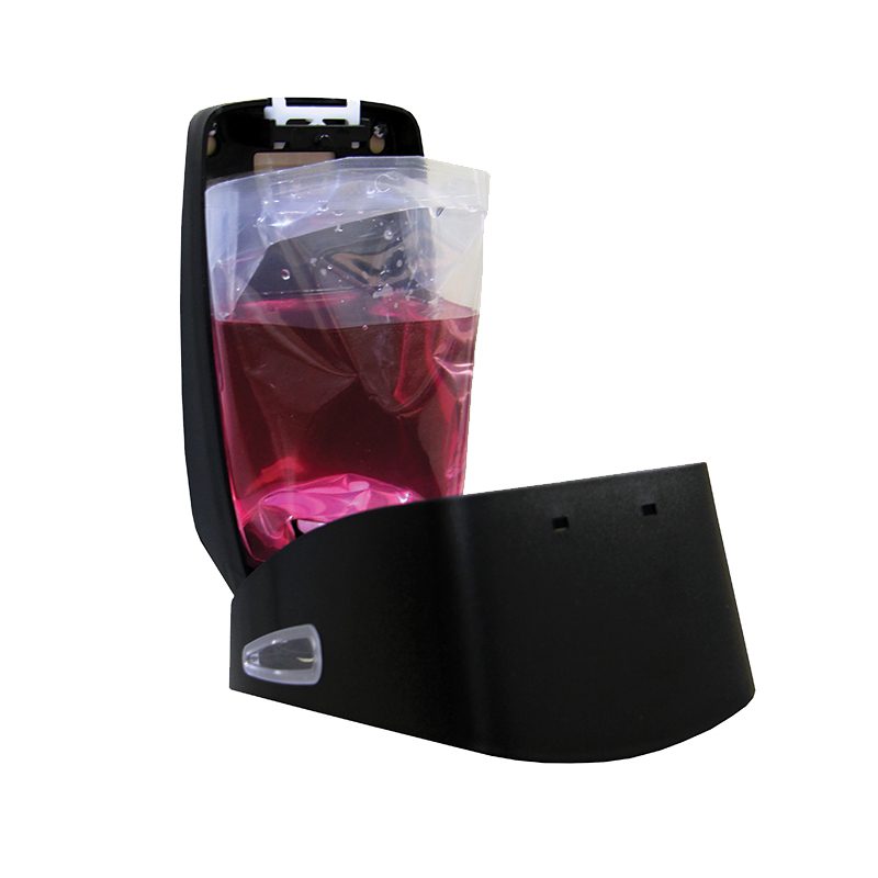 Mercury sæbedispenser sort plast og rustfri stål, åben med sæbepose