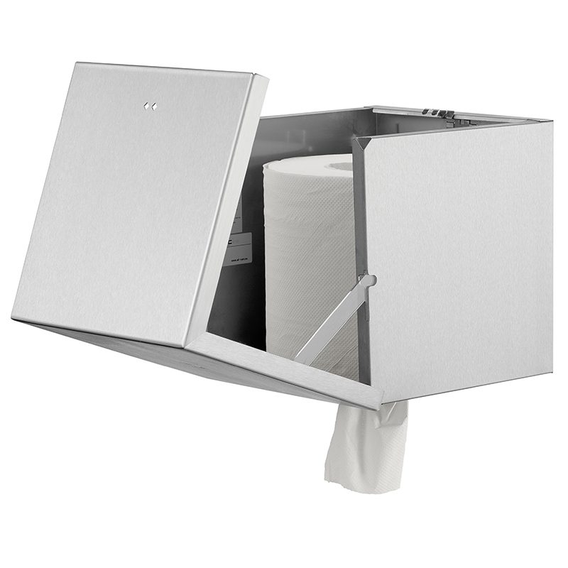 Qbic centertræk papirdispenser i rustfri stål. åben