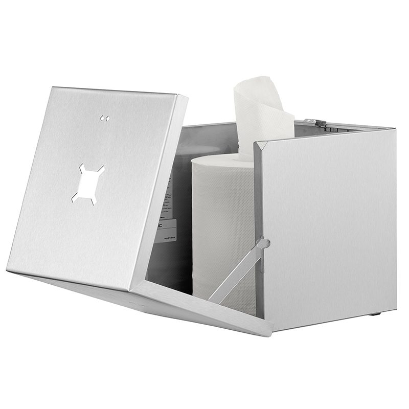 Qbic centertræk papirdispenser i table-top version. åben