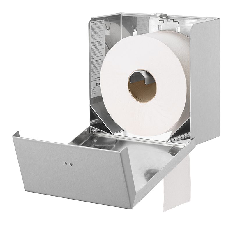 Lille Qbic jumbo dispenser i rustfri stål til toiletruller, åben