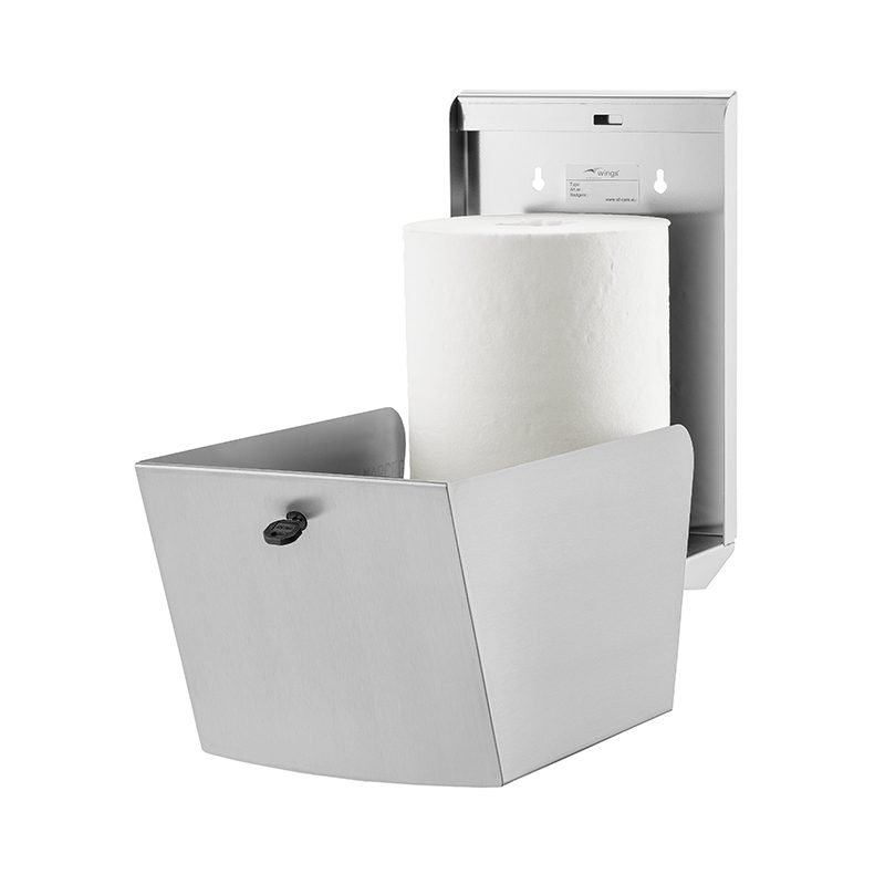 WIngs stor centertræk papirdispenser i rustfri stål, åben