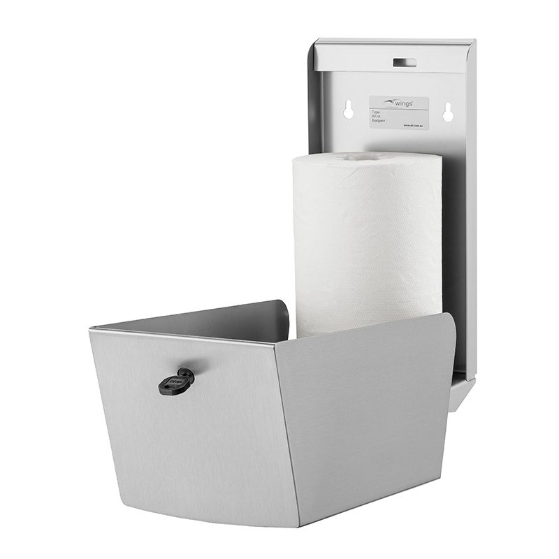 WIngs lille centertræk papirdispenser i rustfri stål, åben