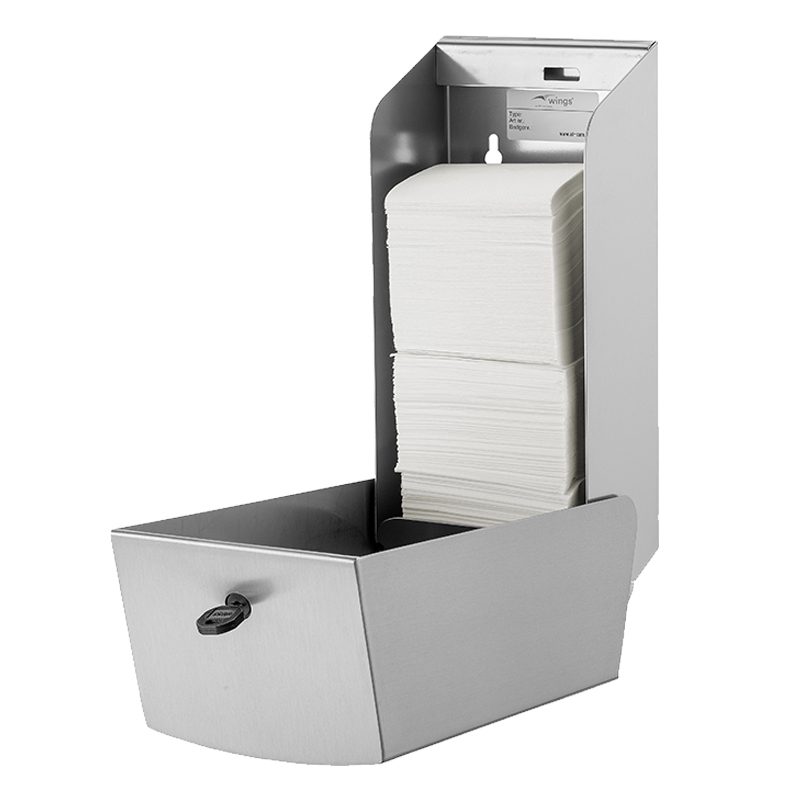 Wings dispenser i rustfri stål til toiletpapir i ark, åben