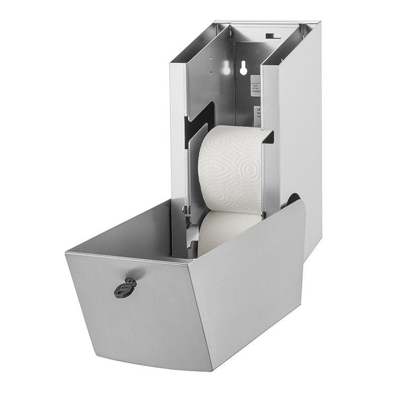 Wings papirdispenser i rustfri stål til to ruller toiletpapir, åben