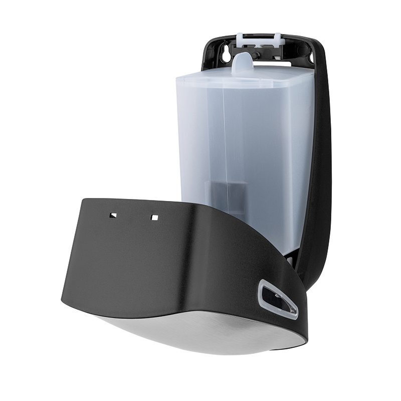 Mercury sæbedispenser sort plast og rustfri stål, åben